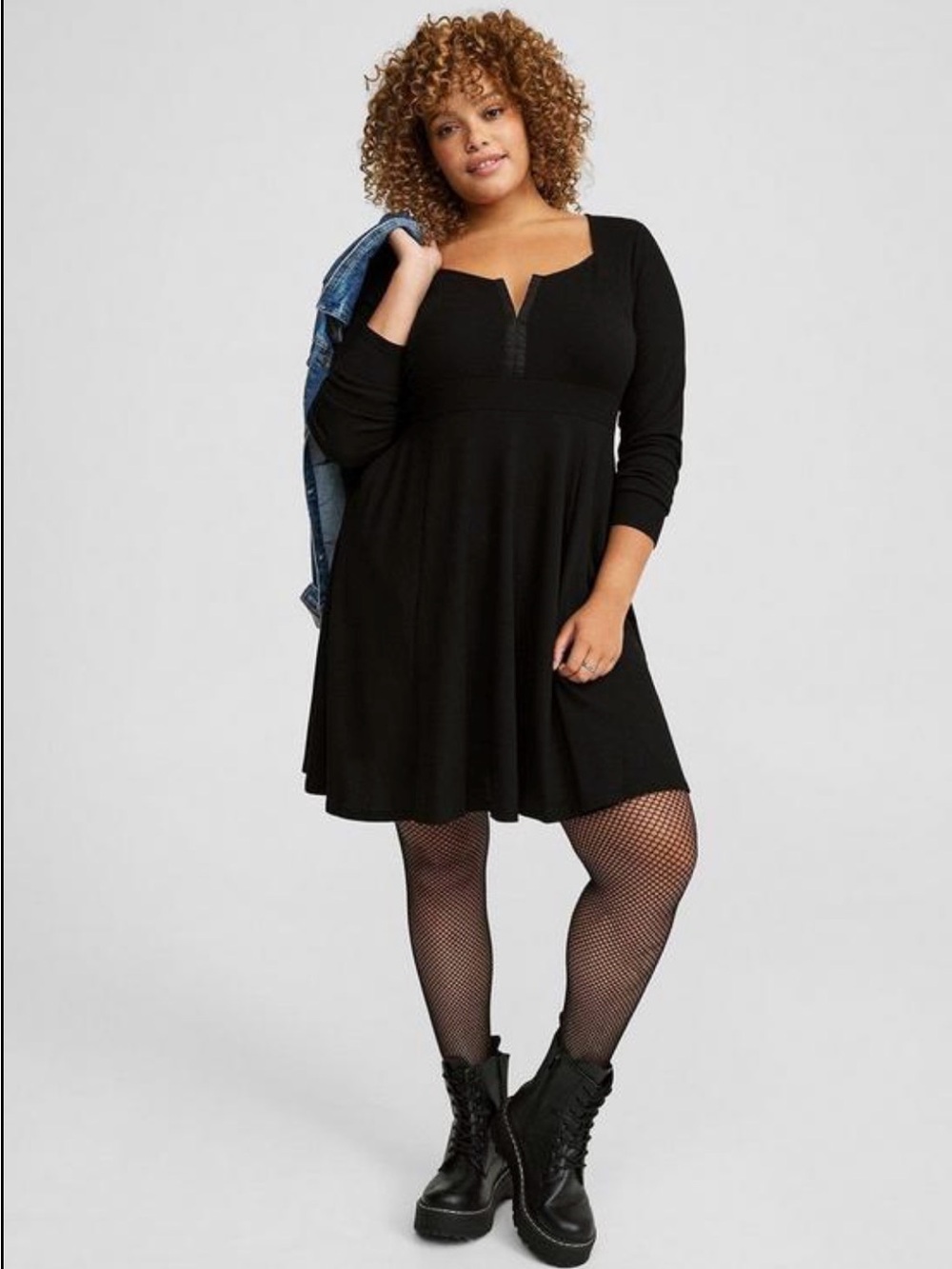 Torrid Black Fit Flare Dress Size 1 Plus Long Sleeve Stretch Knit Mini